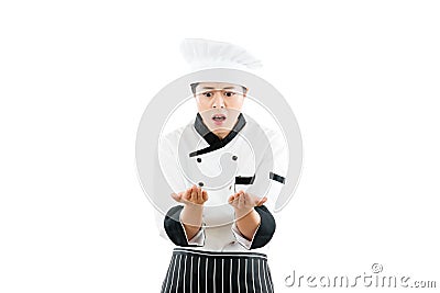 Woman cook feel shocked disappointed Stock Photo