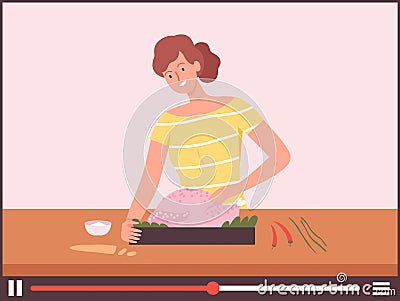 Woman cook turkey. Thanksgiving dinner online tutorial, web culinary school. Girl food blogger or vlogger, internet live Vector Illustration
