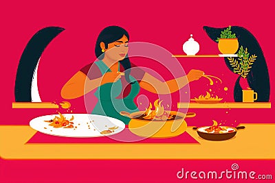 A woman cooking dinner. Culinary Symphony. A Woman's Artistry in Cooking Dinner. Copy space. Generative AI Stock Photo