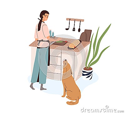 Woman cooking food for home dinner at kitchen. Happy person preparing meat dish. Female cook meal, dog looking and Vector Illustration