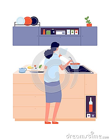 Woman cooking. Girl in kitchen near stove, lunch. Cooking, healthy eating vector illustration Vector Illustration