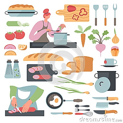 Woman cooking in kitchen healthy dieting nutrition Vector Illustration