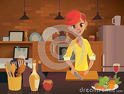 Woman cooking in the kitchen. Healthy eating illustration. Vector illustration in modern flat style. Vector Illustration