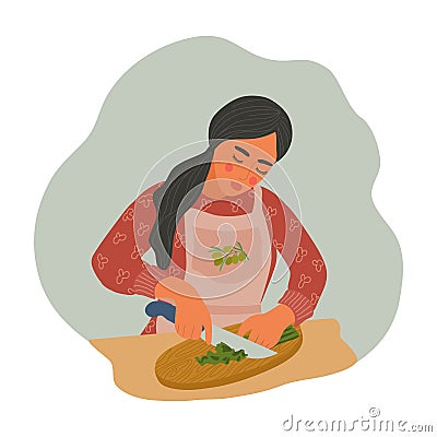 Woman is cooking natural healthy food. Girl in an apron cuts greens into salad. Flat cartoon vector illustration Vector Illustration
