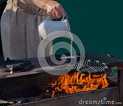 Woman cooking pancake Stock Photo