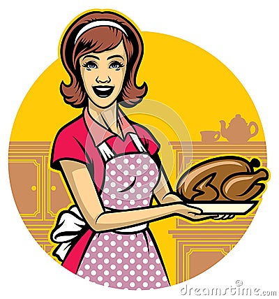 Woman cooking and present the roasted chicken Vector Illustration
