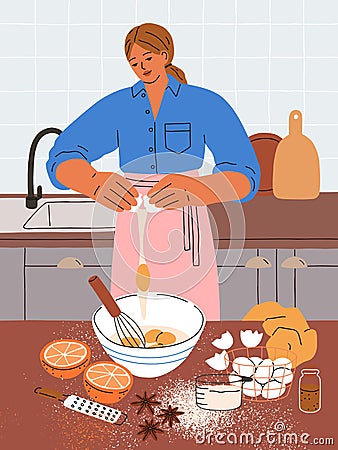 Woman cooking sweet cookie at home kitchen. Young girl preparing eggs in bowl, spices for homemade bakery, biscuits Vector Illustration