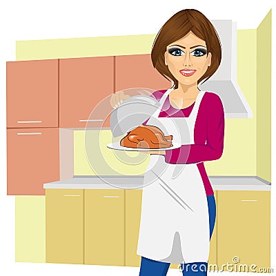Woman cooking traditional thanksgiving turkey Vector Illustration