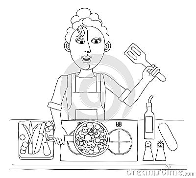 Woman Cooking Vegetable Curry Chinese Food Kitchen Vector Illustration