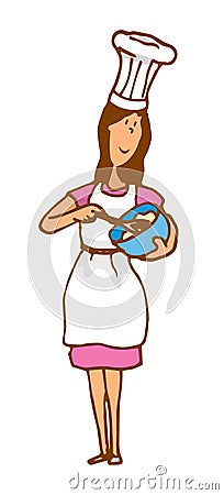 Woman cooking whipping or mixing dough in a bowl Vector Illustration