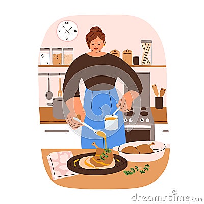 Woman cooks festive dinner, meat dish. Young girl cooking roasted turkey leg at home kitchen. Person pouring, serving Vector Illustration