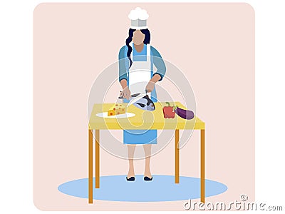 Woman cooks food, isolated on pink background. In minimalist style. Cartoon flat vector Vector Illustration