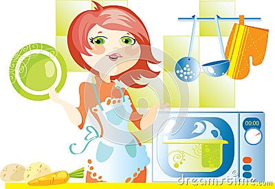 Woman cooks food in microwave Vector Illustration