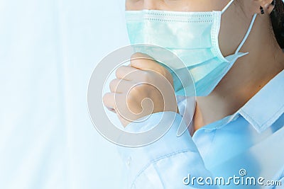 Woman cough with face mask protection, Coronavirus, air pollution, allergic sick woman with medical mask Stock Photo