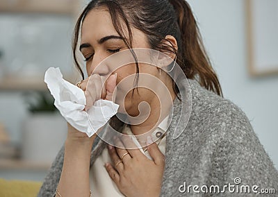 Woman with cough, tissue and sick with health problem, flu or allergies, chest pain and asthma at home. Young female Stock Photo