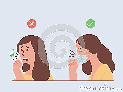 Woman coughing and Sneezing make a virus spreading and Woman wearing a surgical mask for stop spread Diseases. Vector Illustration