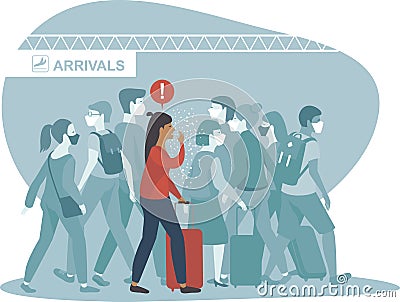 Woman coughing spreads virus or bacterial infection in airport arrival area Vector Illustration