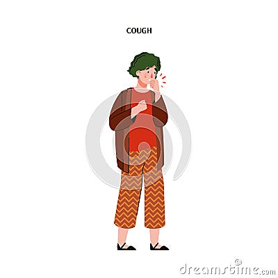 Woman coughs due to viral disease or allergy flat vector illustration isolated. Vector Illustration