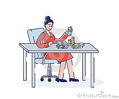 Woman counting money: pile of banknotes and coins sitting at office desk at workplace Vector Illustration