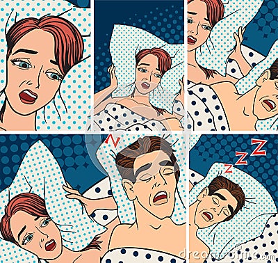 Woman covering ears while man snoring in bed at home sleep problem vector. Vector Illustration