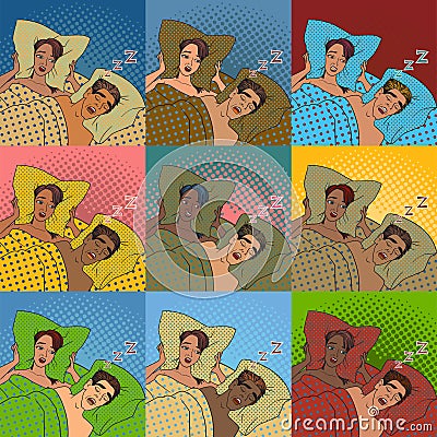 Woman covering ears while man snoring in bed at home sleep problem vector. Vector Illustration