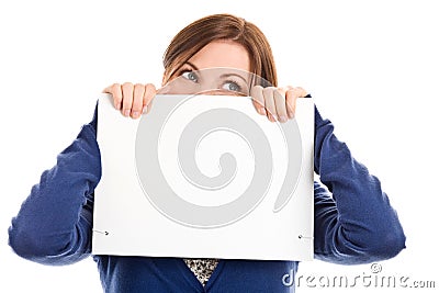 Woman covering face with note card Stock Photo