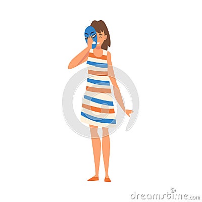 Woman Covering Her Face with Anger Mask, Girl Hiding Her Natural Personality or Individuality to Conform to Social Vector Illustration