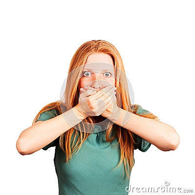 Woman covering her mouth Stock Photo