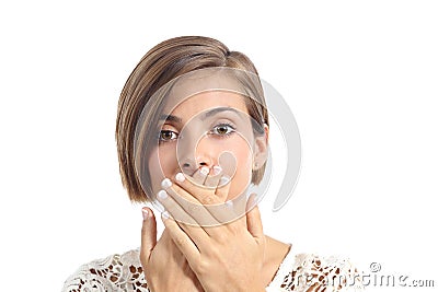 Woman covering her mouth because bad breath Stock Photo