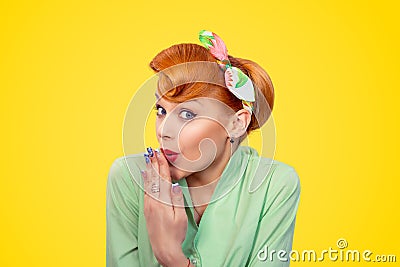 Woman covering her mouth in I made an error, omg sign gesture Stock Photo