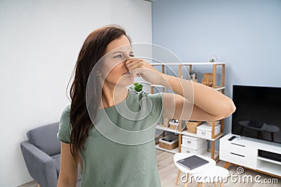 Woman Covering Her Nose From Bad Smell Stock Photo