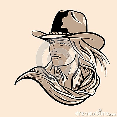 Woman with a cowboy hat. Cowboy girl face Portrait Vector Illustration