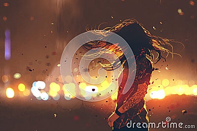 Woman with cracked effect on her body against defocused lights Cartoon Illustration