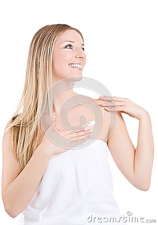 Woman creaming chest Stock Photo
