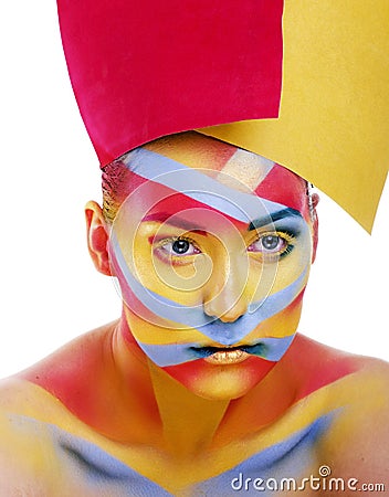 Woman with creative geometry make up, red, yellow, blue closeup Stock Photo