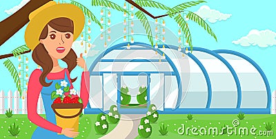 Woman with Crop on Greenhouse Background. Vector. Vector Illustration