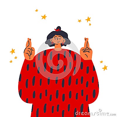 Woman crossing fingers and wishing for good luck. Vector Illustration