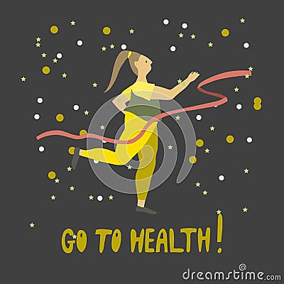 Woman crossing finishing line . Running girl Healthy lifestyle . Vector Illustration