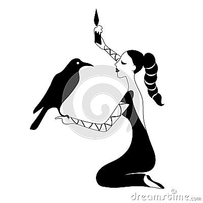 Woman with crow and candle . Vector outline drawing image silhouette. Vector Illustration