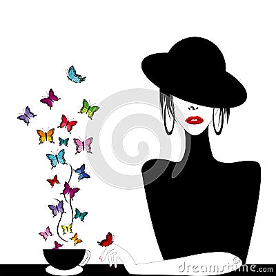 Woman with a cup of buterflies flying Vector Illustration