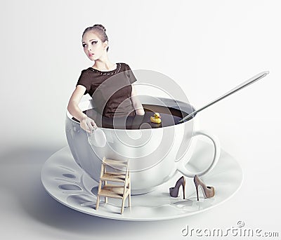 https://thumbs.dreamstime.com/x/woman-cup-coffee-little-beautiful-takes-bath-creative-concept-35557552.jpg