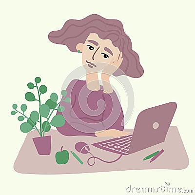 Woman with curly black hair working at a laptop in office Vector Illustration