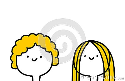 Woman curly and straight long hair style changes in cartoon comic style Stock Photo