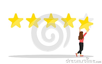 Woman customer giving five star rating. Customer Review. Feedback Stock Photo