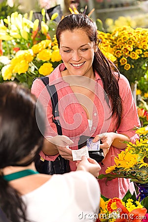 Woman customer taking receipt flower shop buying Stock Photo