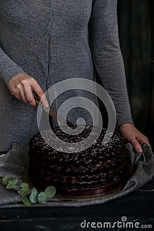Woman cuts chocolate cake close. Dark tones Stock Photo