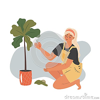 Woman cuts off dried leaves of a plant Vector Illustration