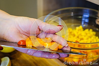 A woman cuts small colorful plum tomatoes on a cutting board. Cooking. Stock Photo