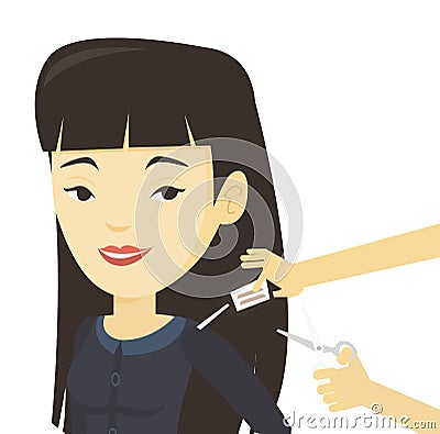Woman cutting price tag off new t-shirt. Vector Illustration