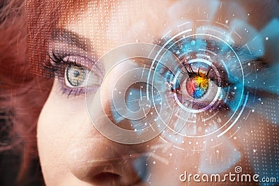 Woman with cyber technology eye panel concept Stock Photo